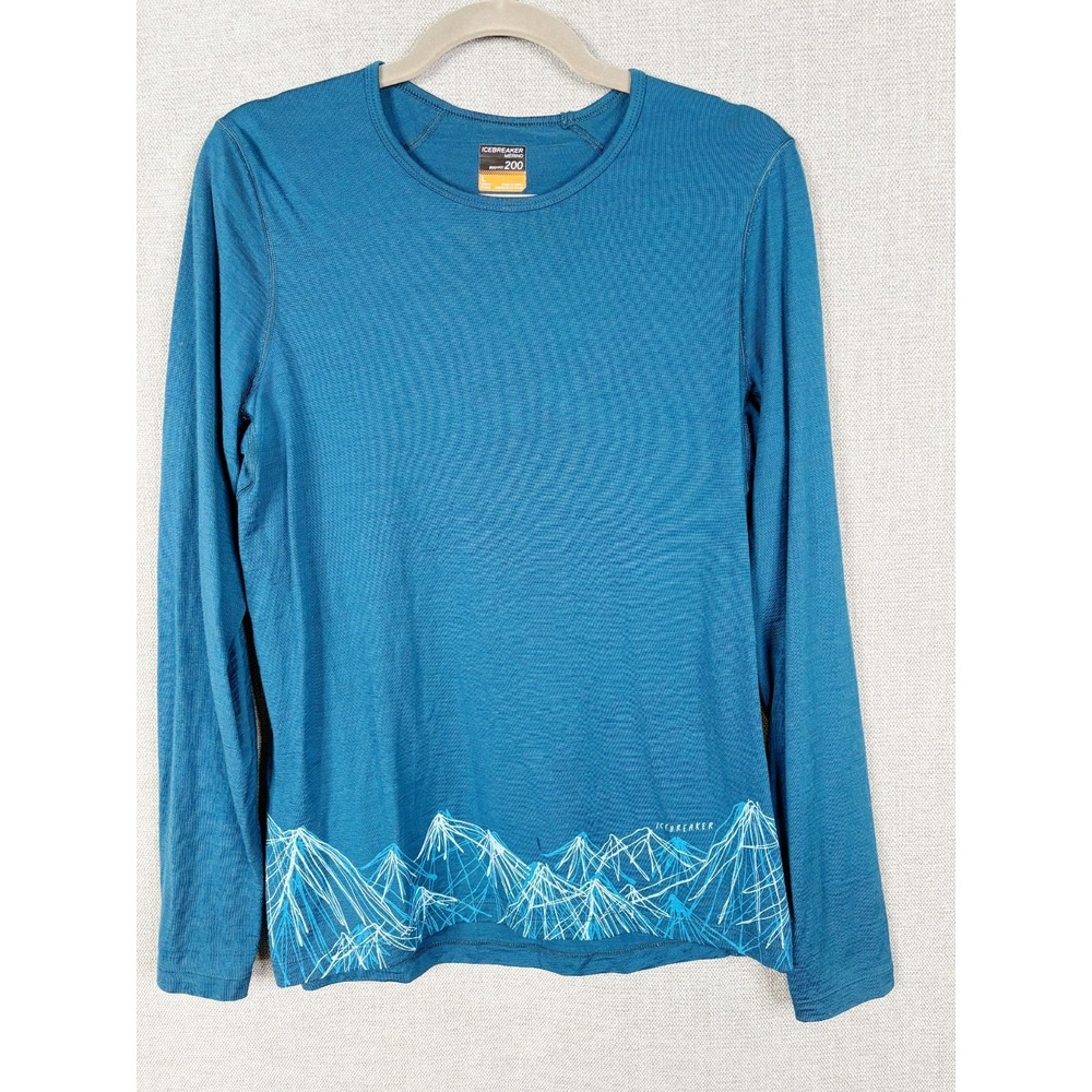 Icebreaker Top Womens Large Blue Mountain Graphic Merino Bodyfit 200 Base Layer
